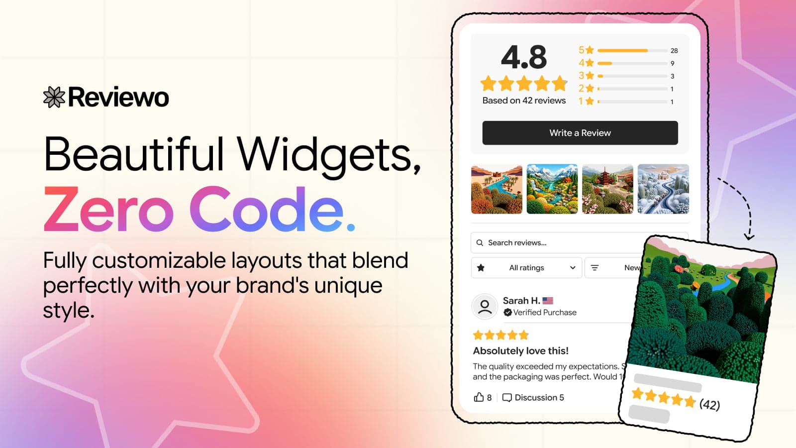Reviewo widget showing review grid with star ratings and photos