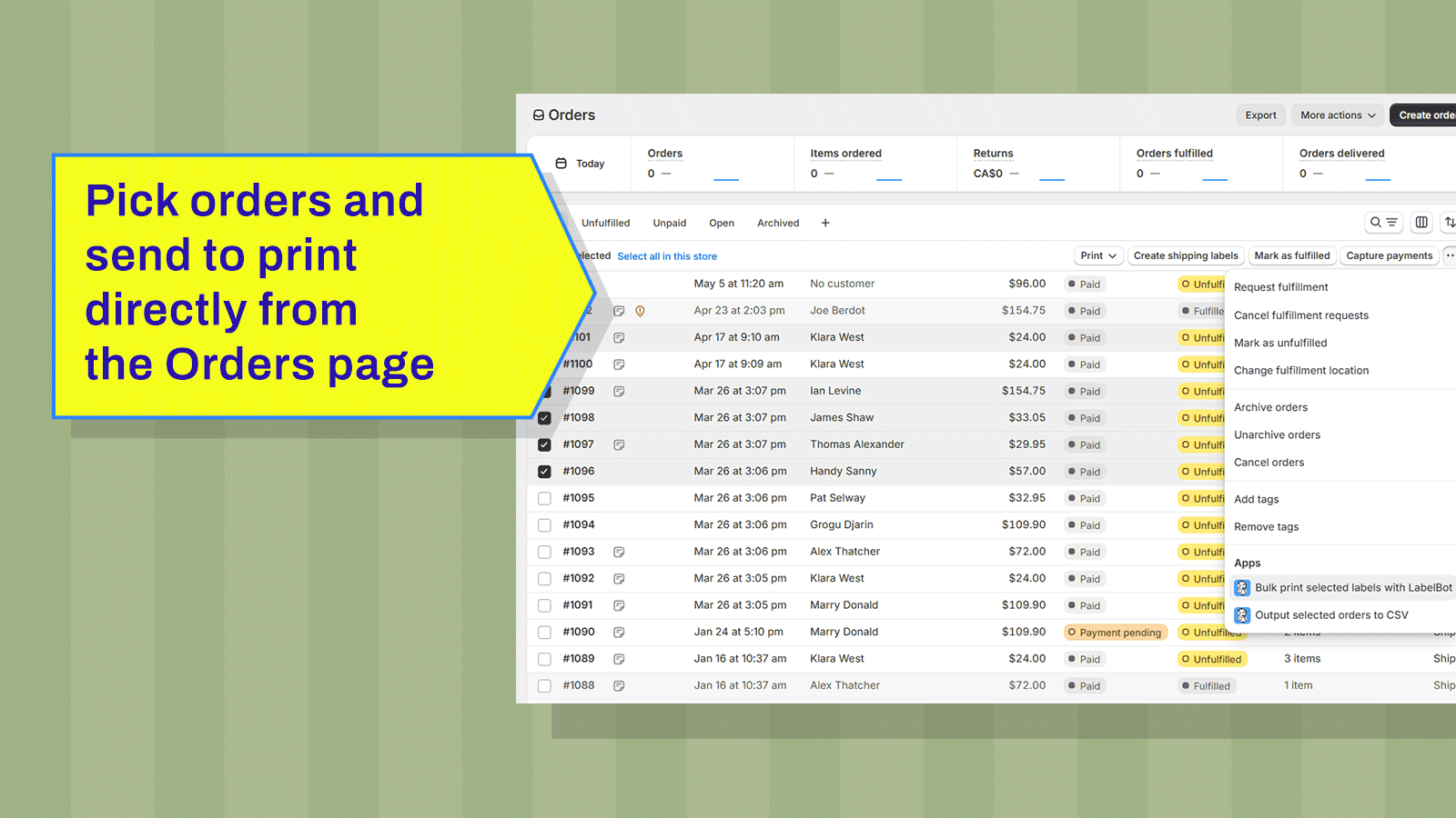Bulk print labels from the order page.