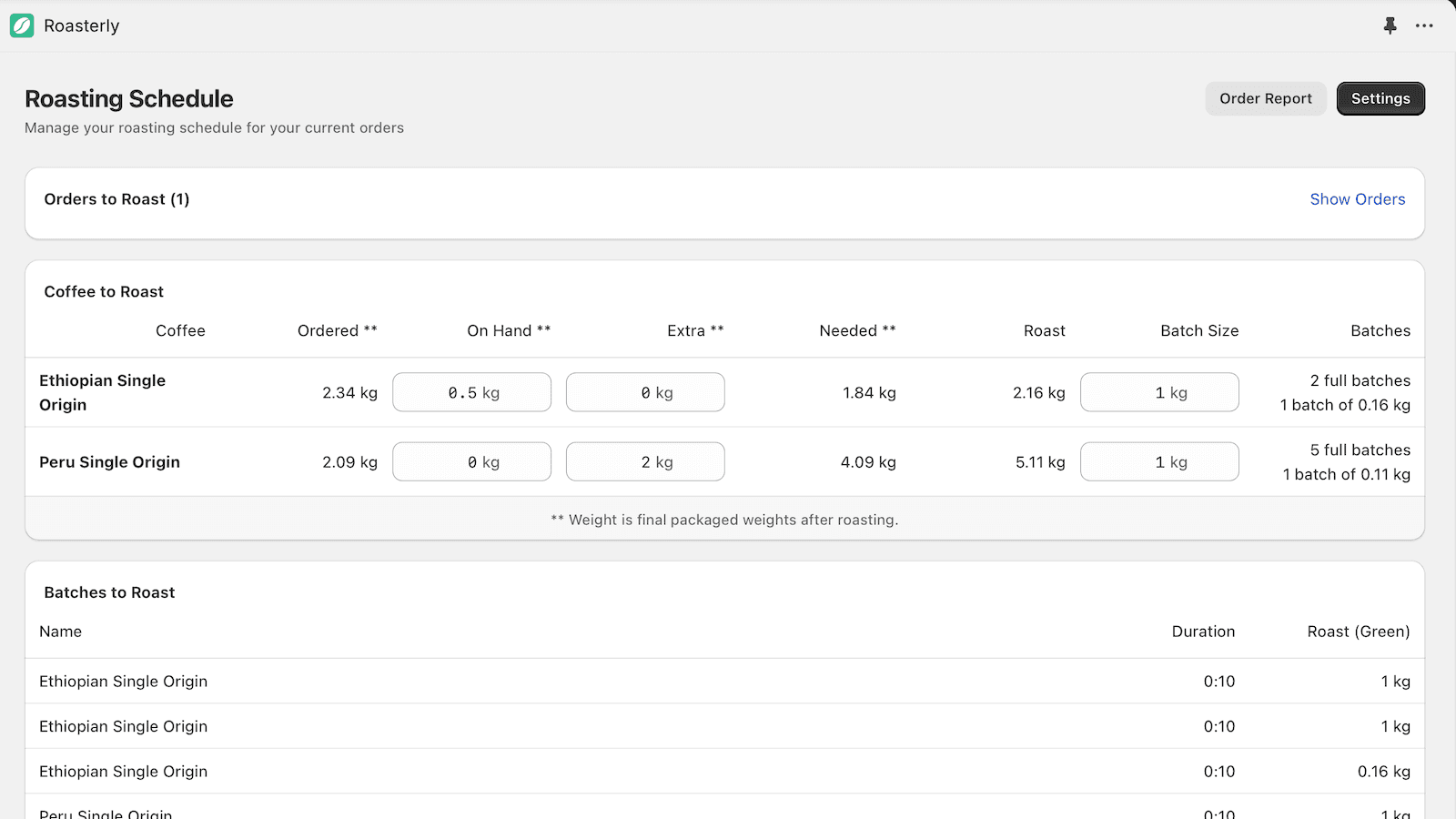 Schedule screen showing orders, coffees, and batches to roast.