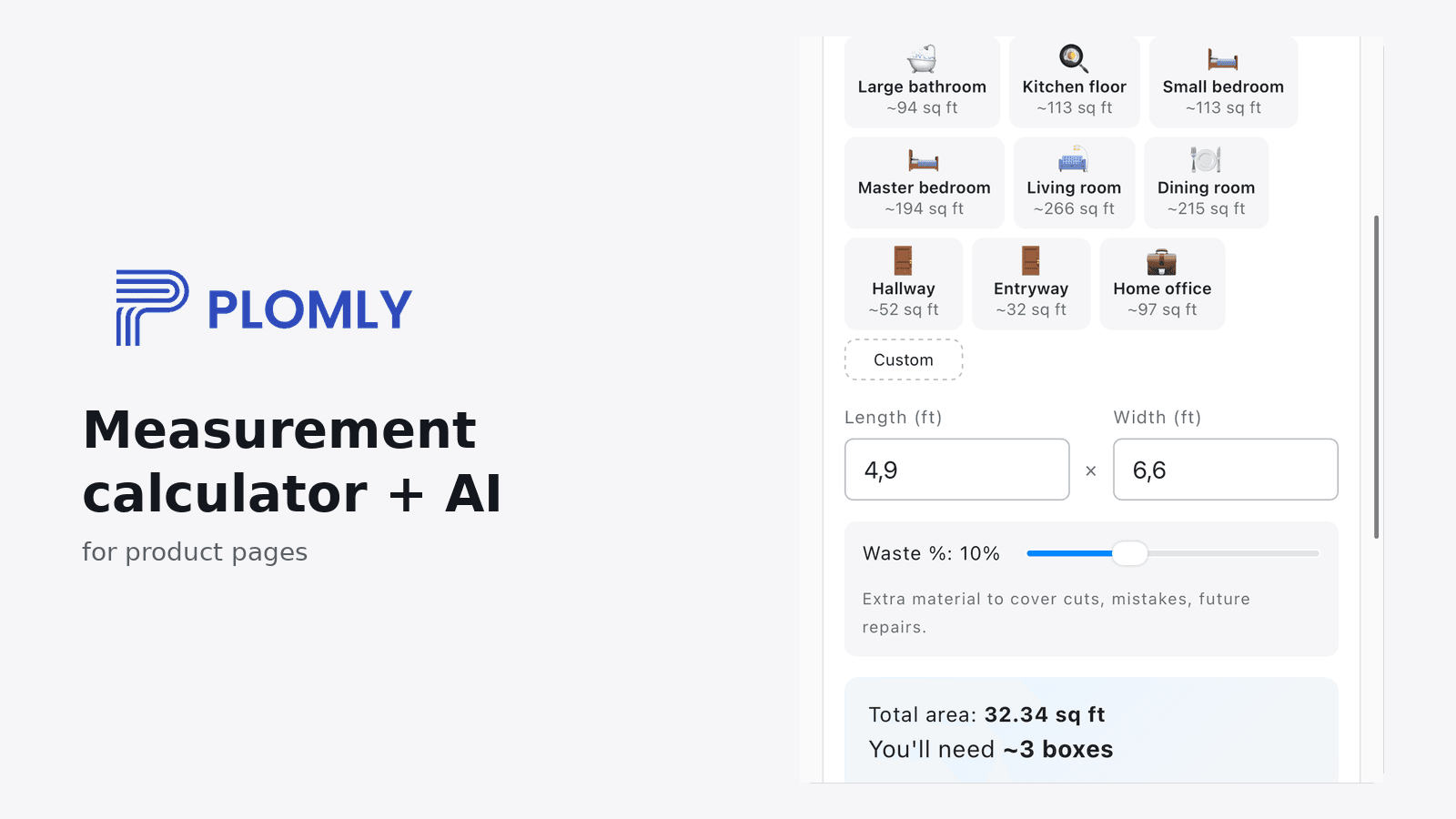 Plomly measurement calculator on a Shopify product page