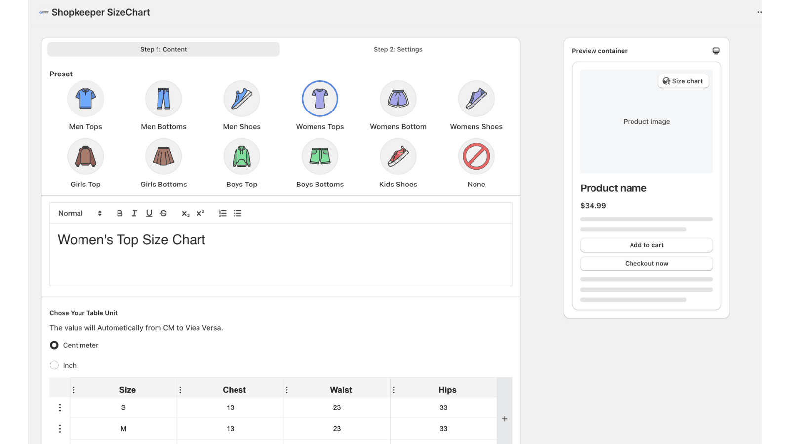 Dashboard Create Sizechart