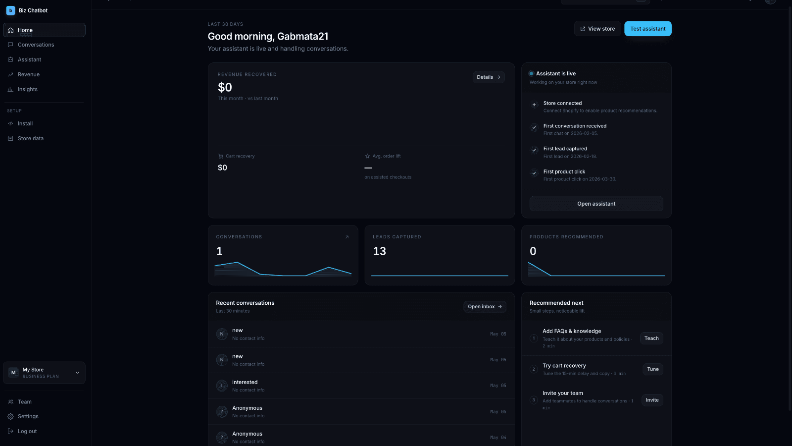Dark dashboard showing chatbot analytics and performance metrics