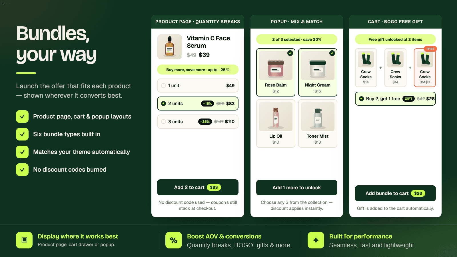 Bundle, quantity break and BOGO free gift offers on a store