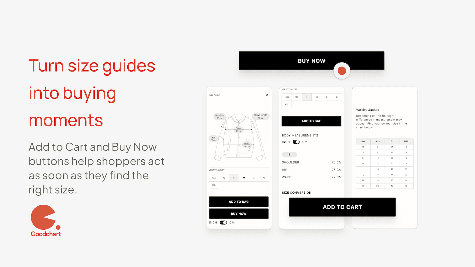 Visual size chart with Add to Cart and Buy Now button