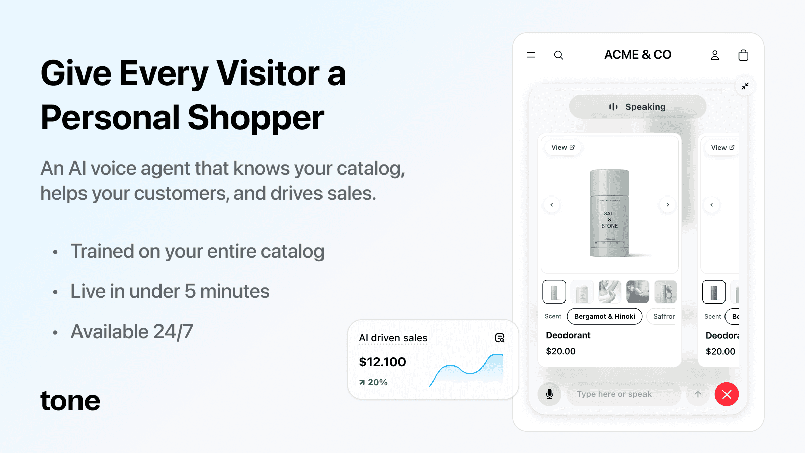 Tone voice AI widget with product recommendations and revenue