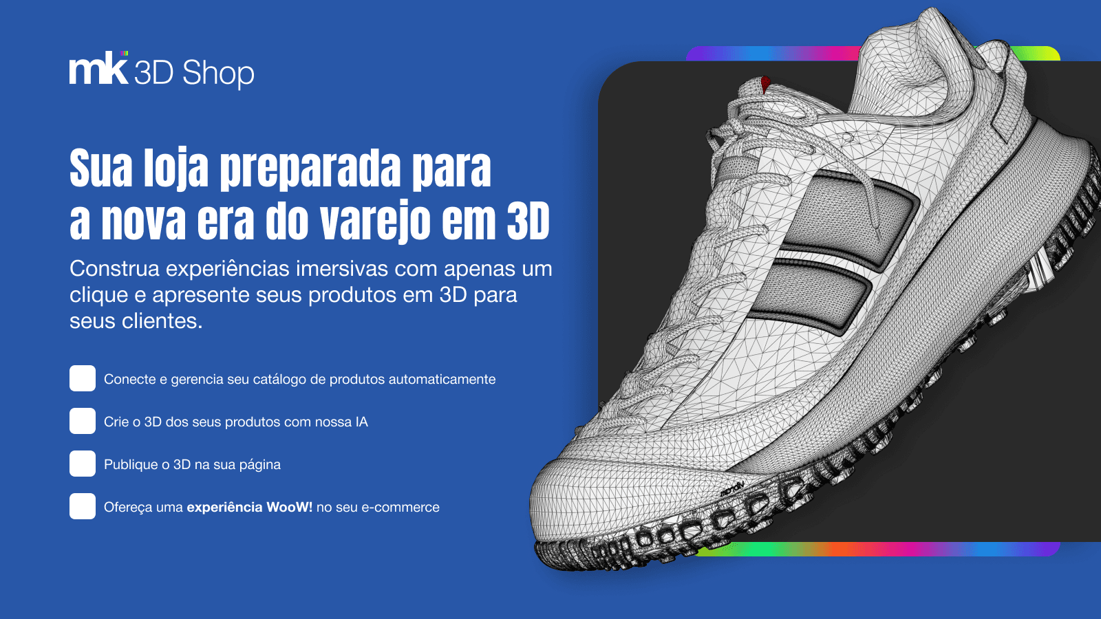Banner MK 3D Shop com tênis 3D e destaque para varejo imersivo