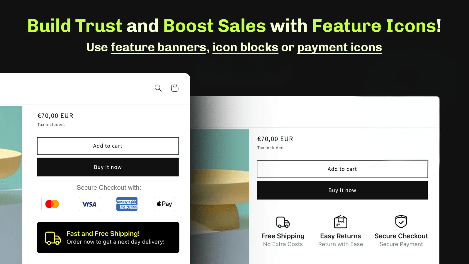 Boost Shopify sales with trust badges, feature icons and baners