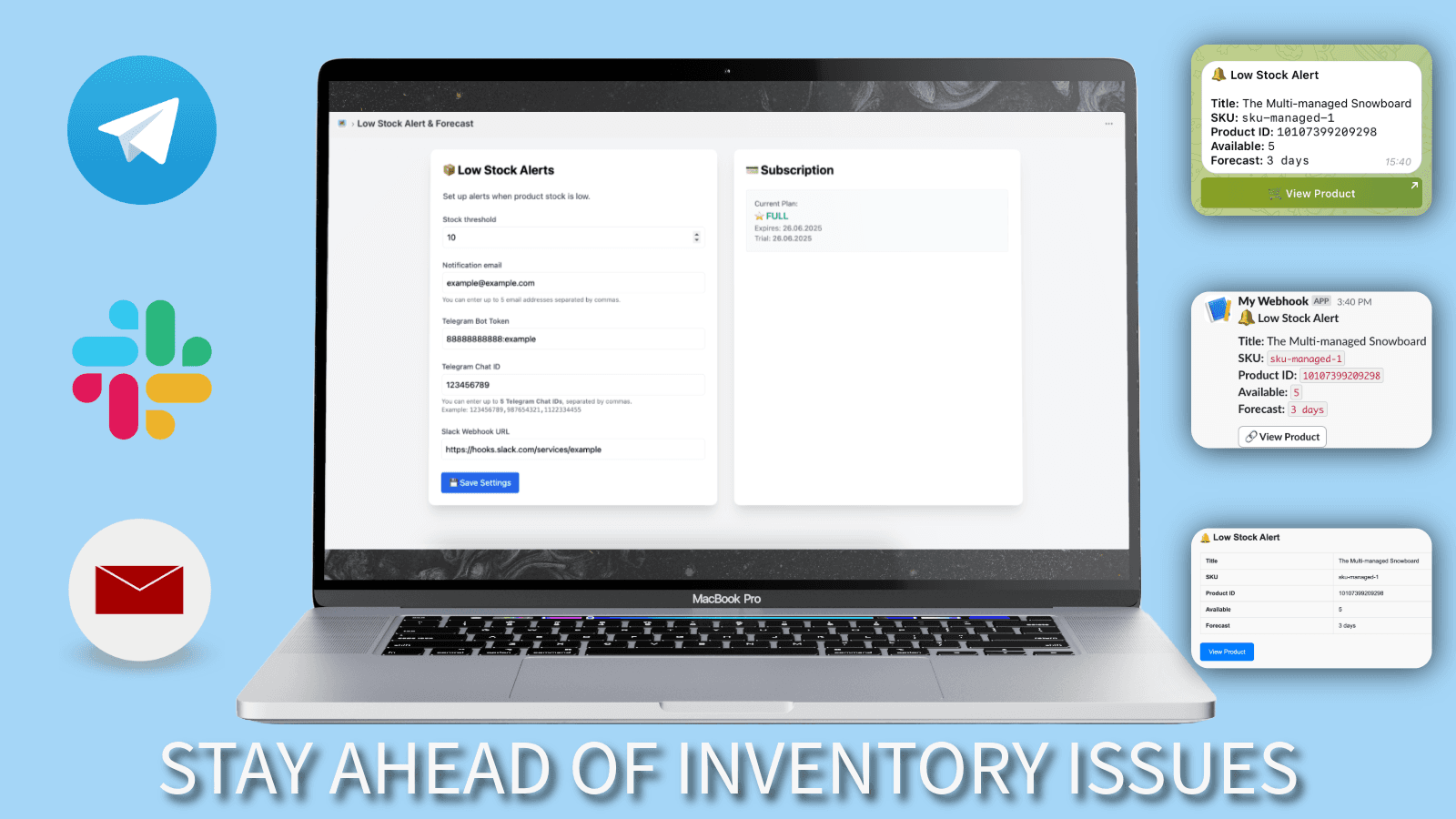 Low Stock Alert app settings screen in Shopify admin