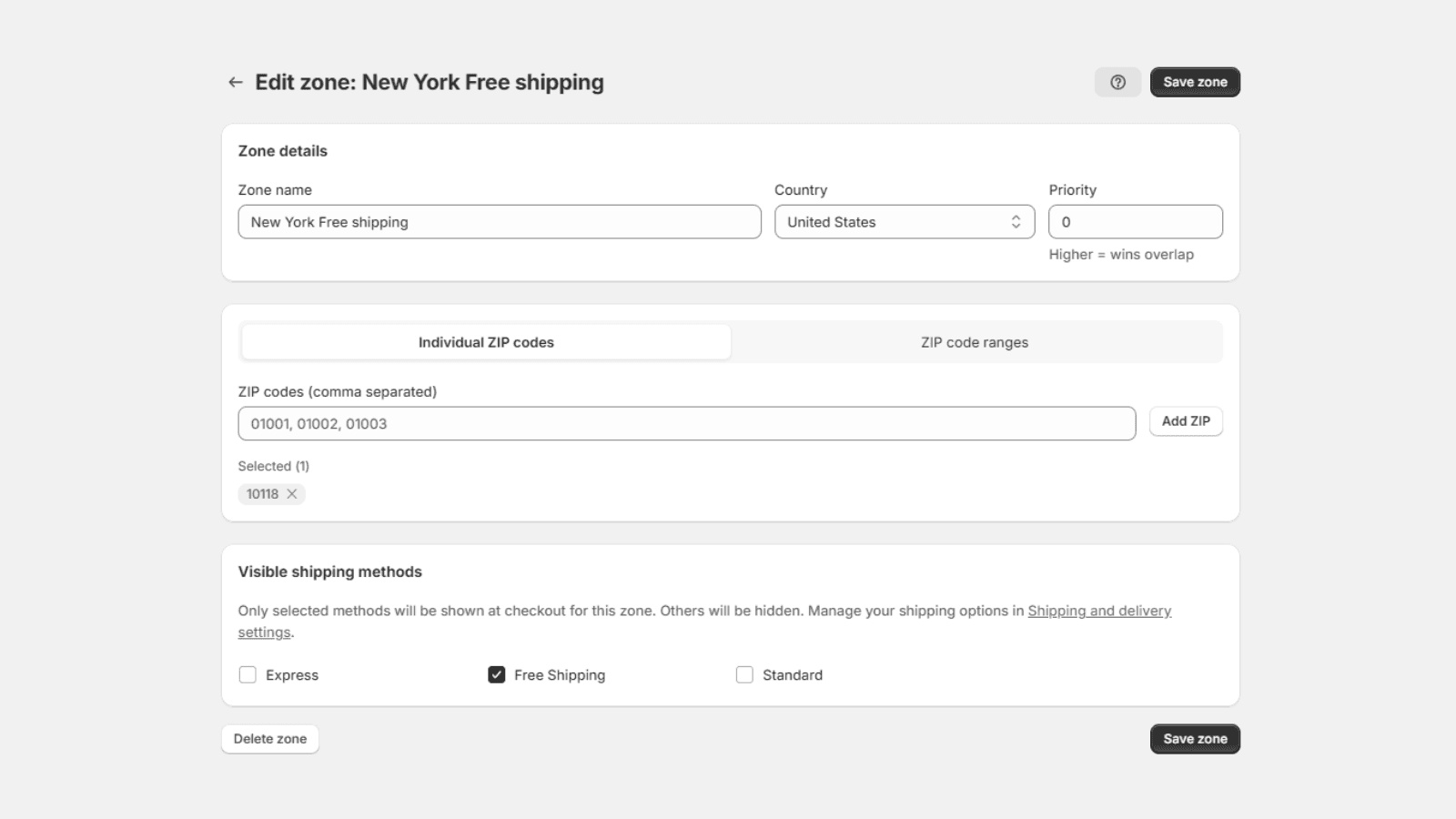 Add new zone detail with ZIP and Country values