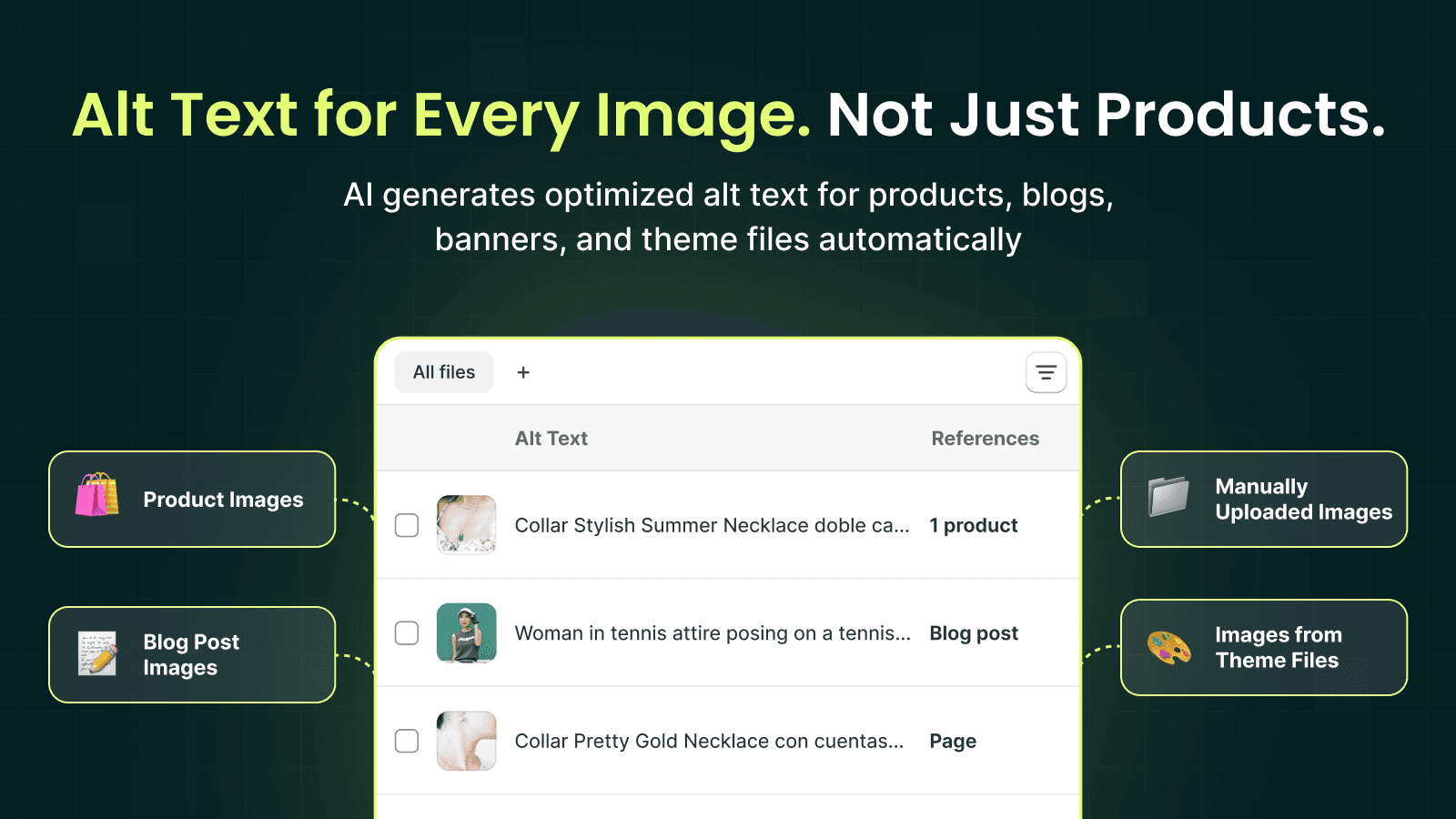 AI image alt tag generator for all Shopify image types