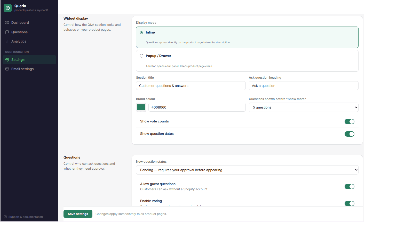 Querio Product Q&A admin dashboard showing settings