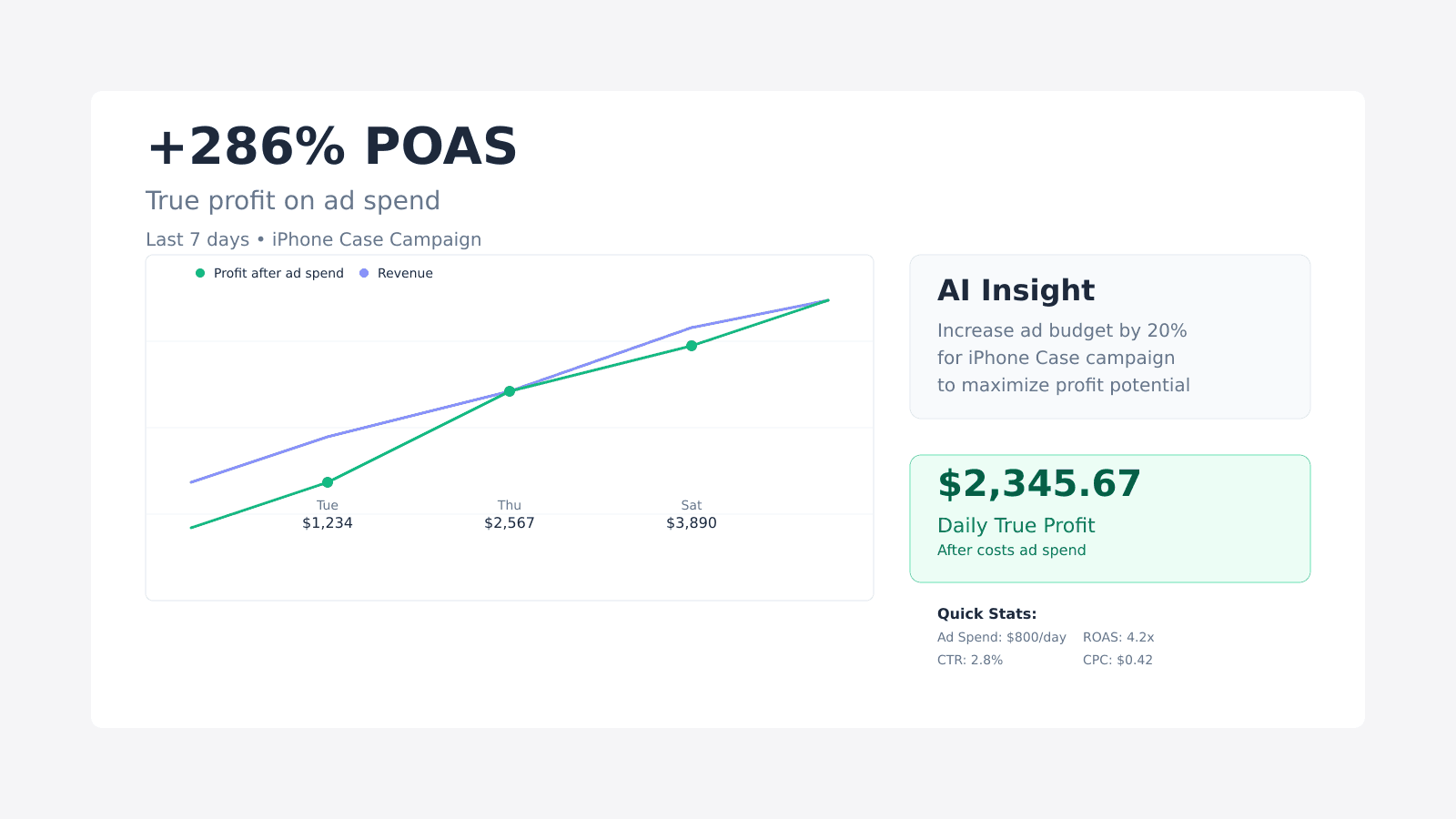 Dashboard showing product profits and advertising metrics