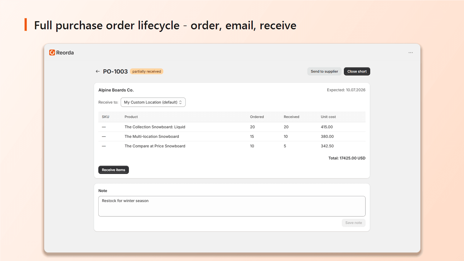 Purchase order with receiving and automatic inventory updates