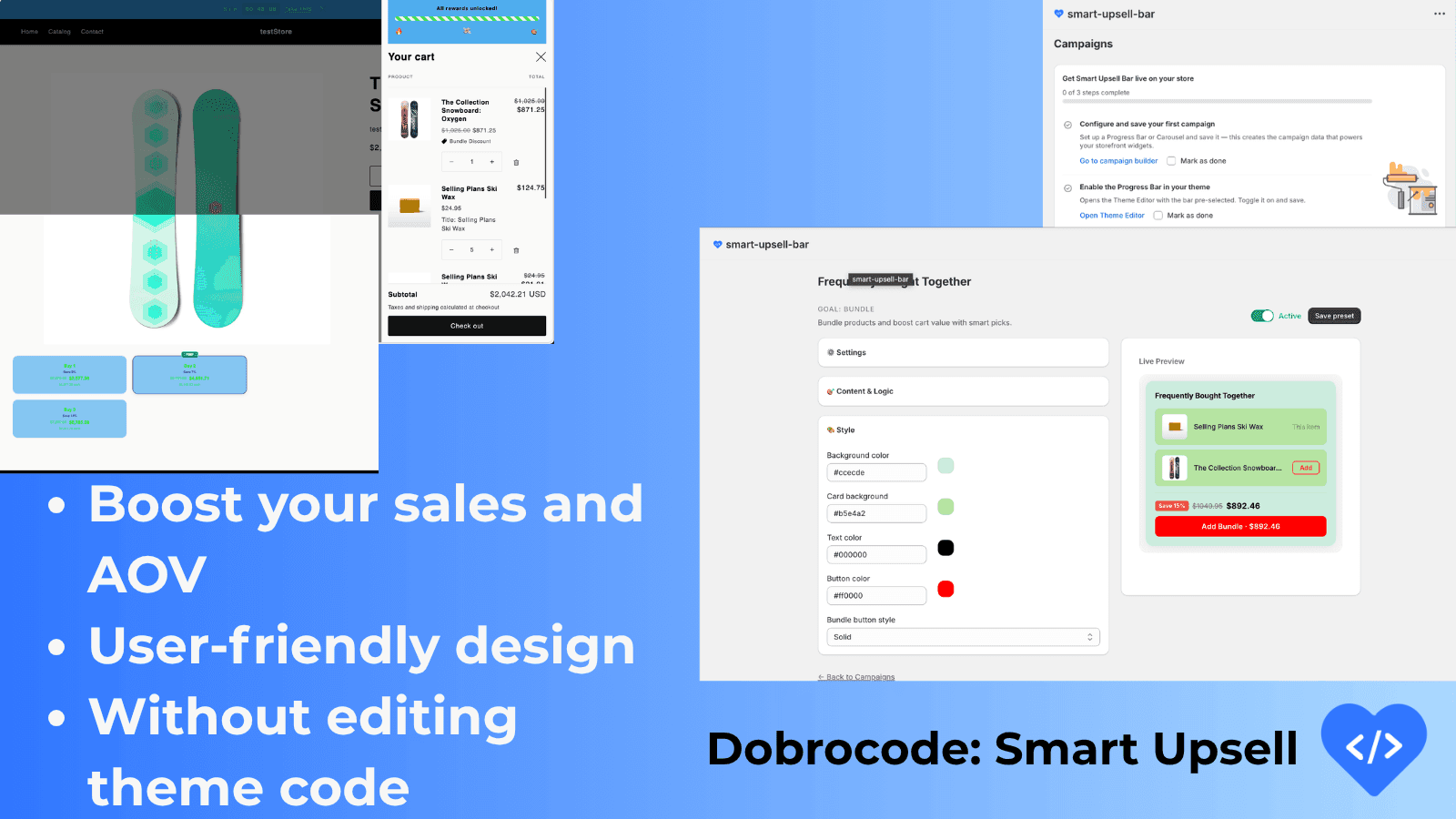 Smart Upsell app dashboard and storefront widgets