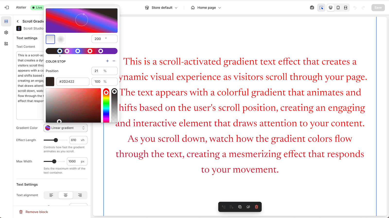 gradient text settings