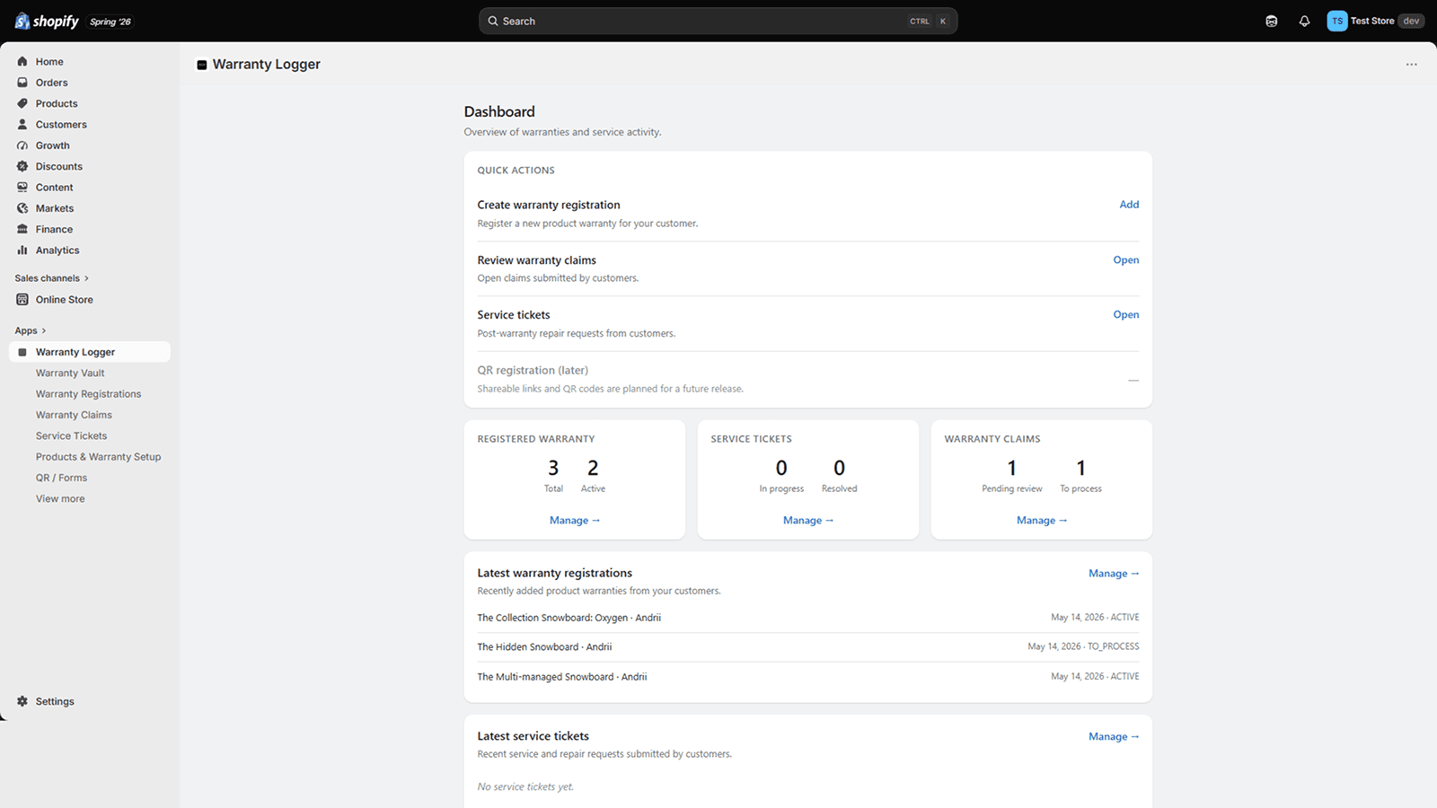 Dashboard overview of warranties, claims, and service tickets