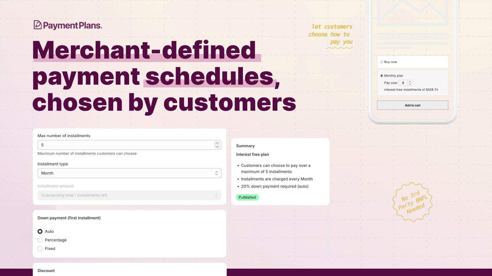 Merchant-defined payment schedules, chosen by customers