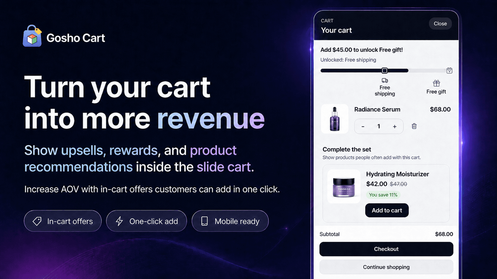 Slide cart upsell with rewards and one-click add