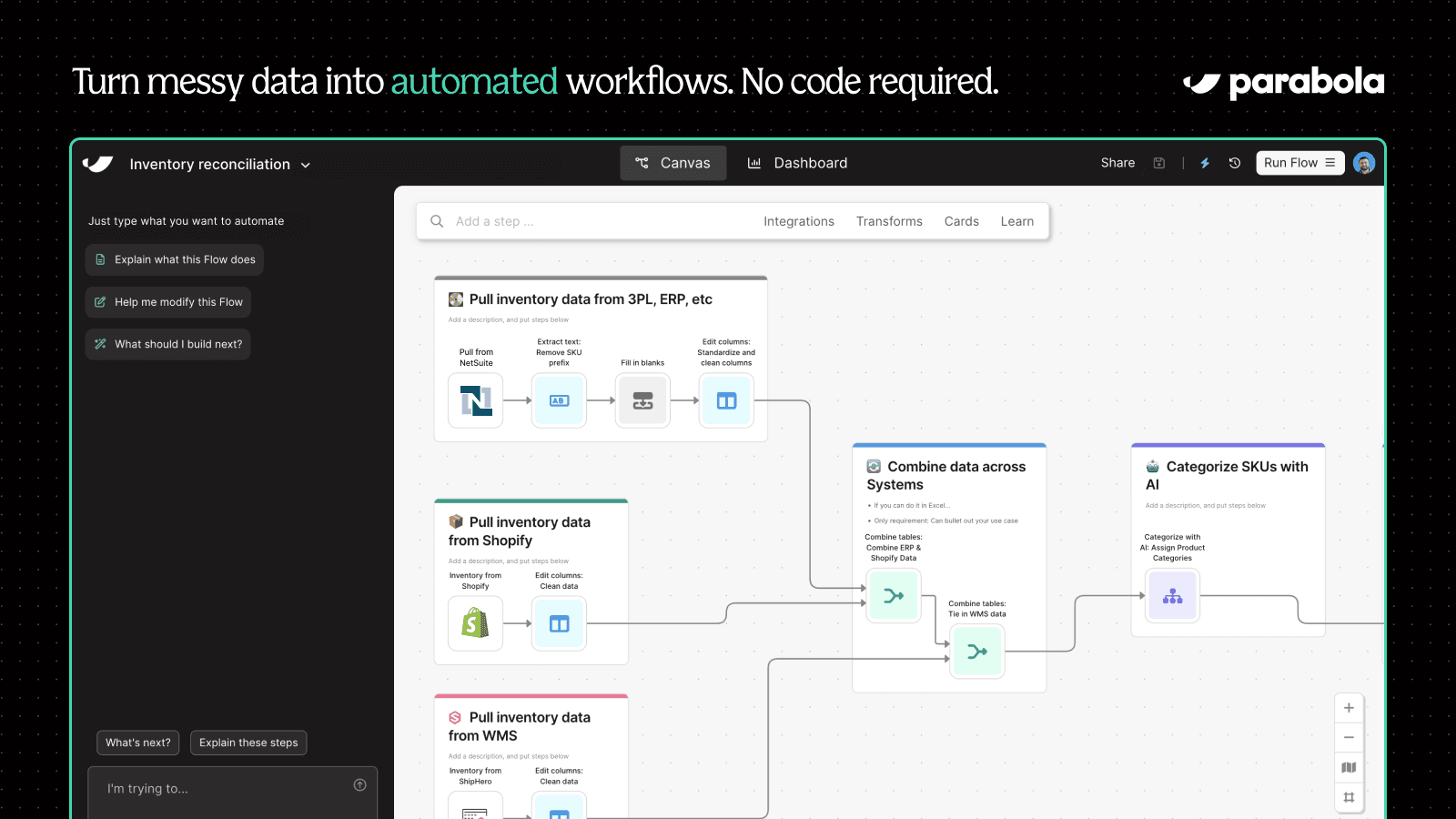 Turn messy data into automated workflows. No code required.