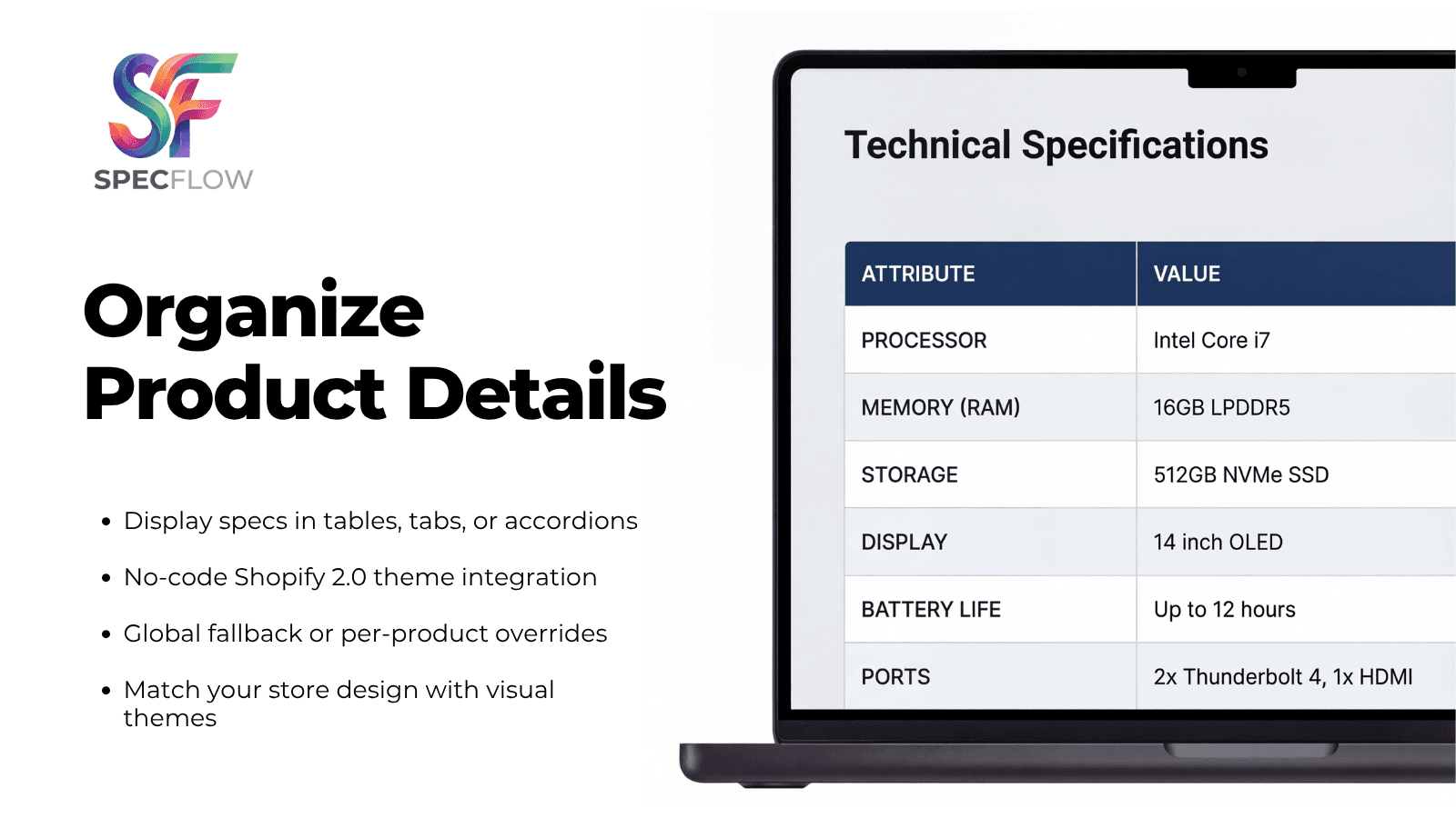 Organize product details into clean tables, tabs, or accordions.