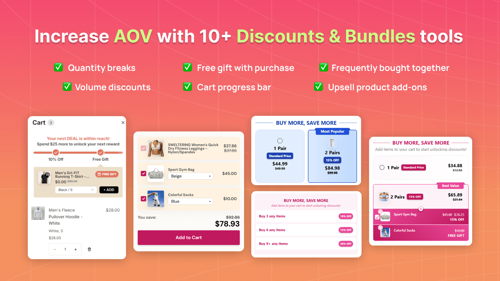 Easy to set up volume discount, bundles, free gifts, and upsells