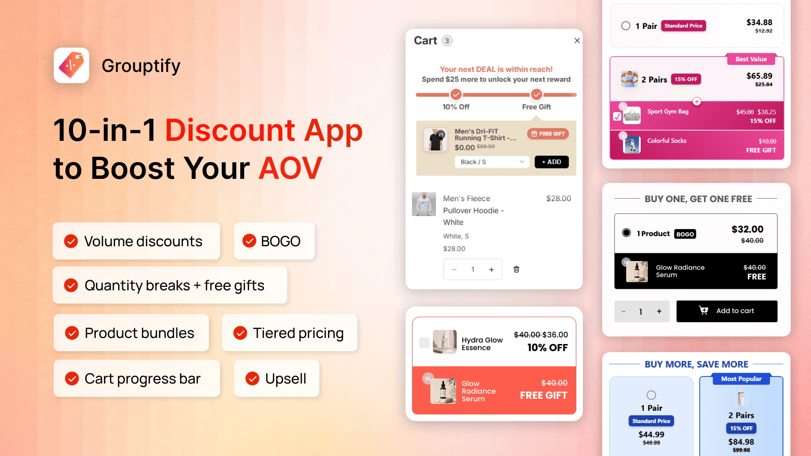 Set up volume discount, bundle, BOGO, free gift and upsell