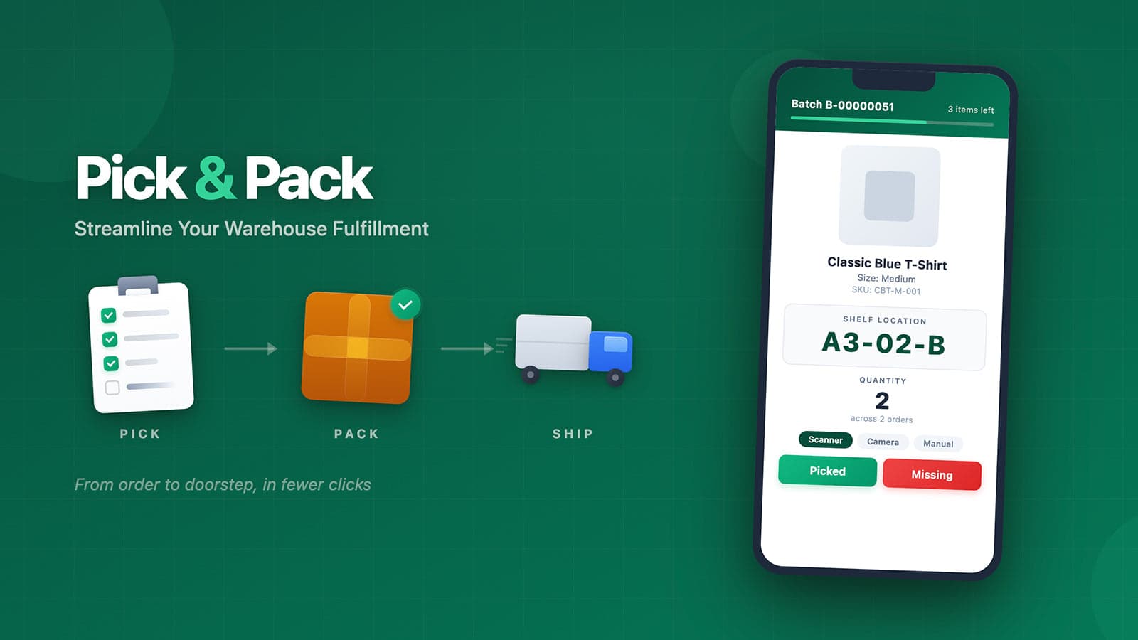 Pick Pack Ship workflow with barcode scanning phone app