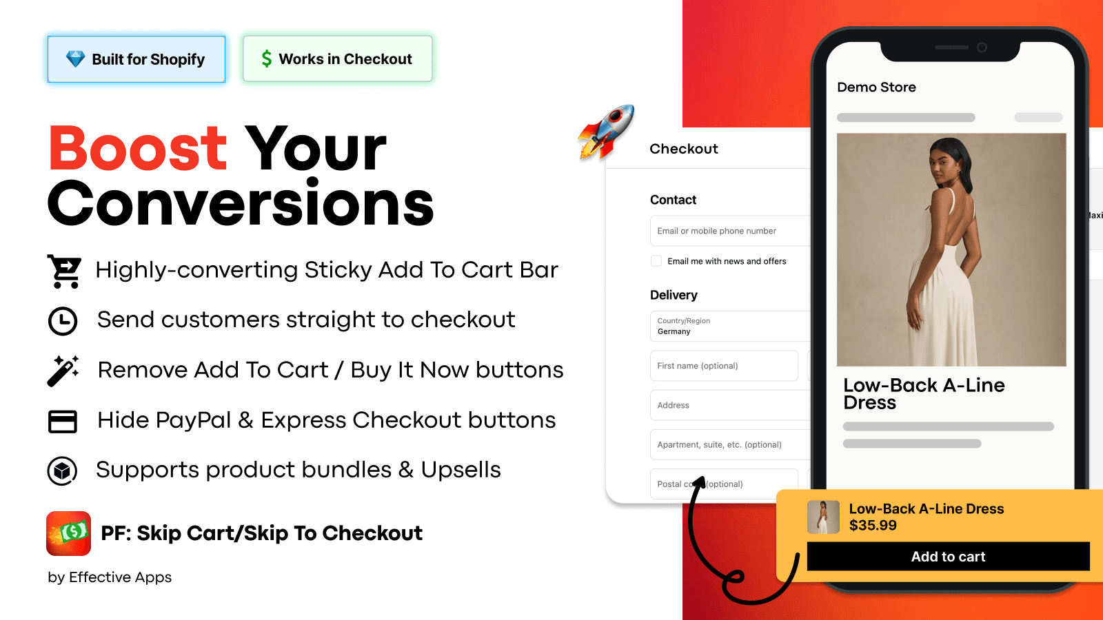 The app in action: The checkout starts after add to cart clicks
