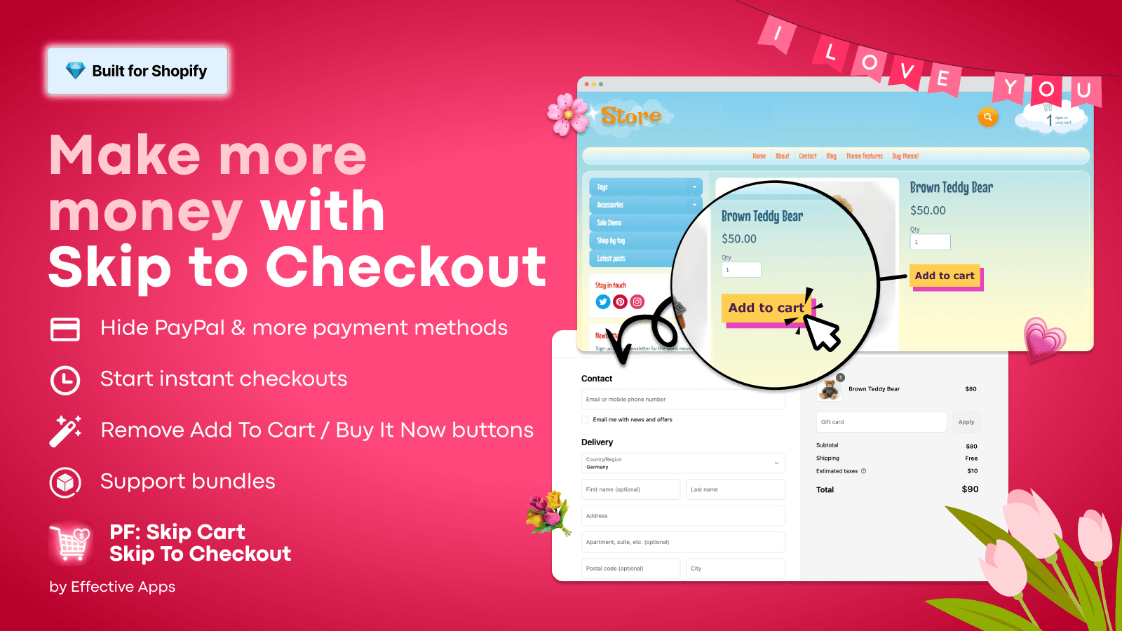 The app in action: The checkout starts after add to cart clicks