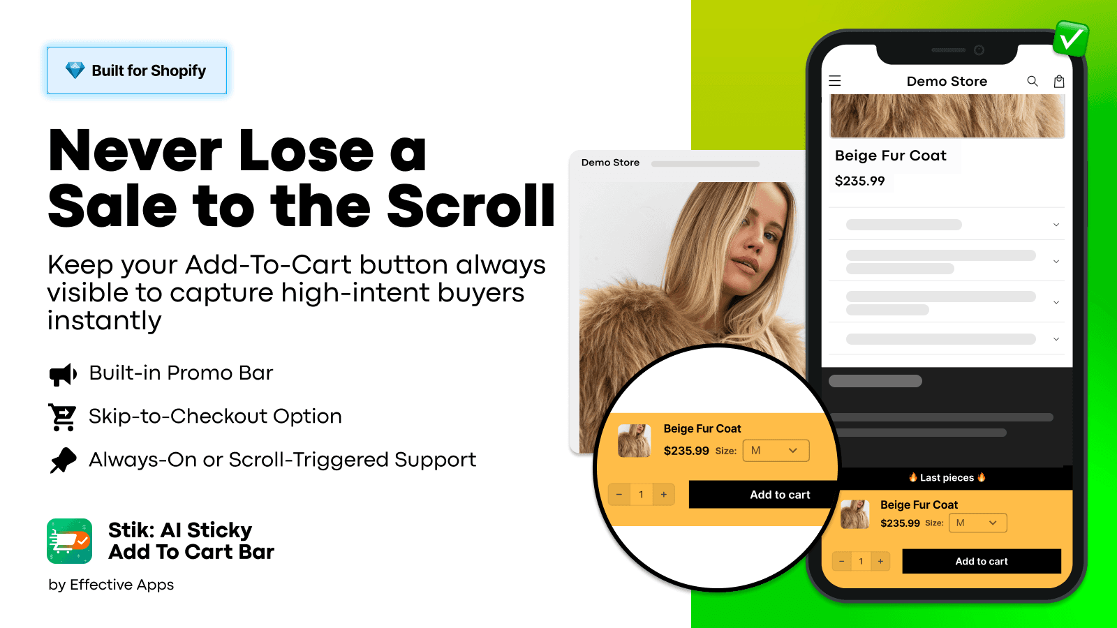 The app in action: The checkout starts after add to cart clicks
