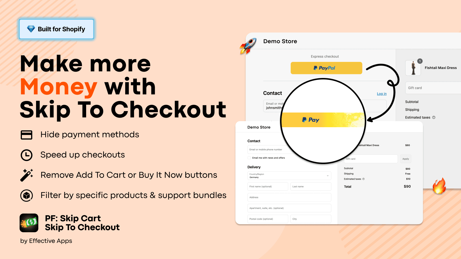 The app in action: The checkout starts after add to cart clicks