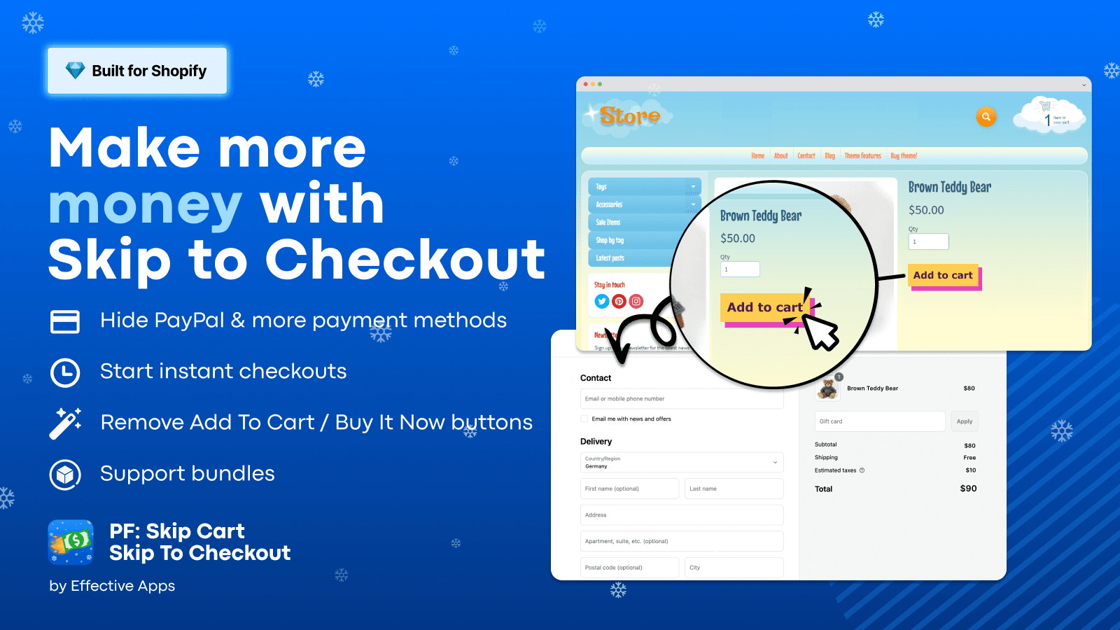The app in action: The checkout starts after add to cart clicks