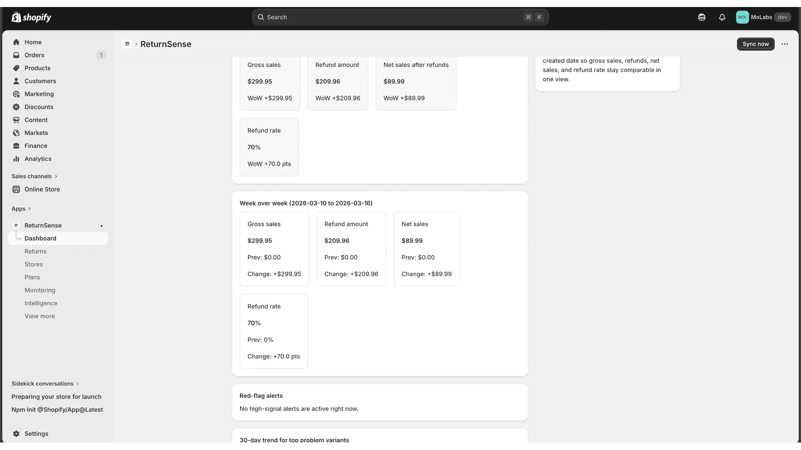 Dashboard — The main refund analytics dashboard showing return r