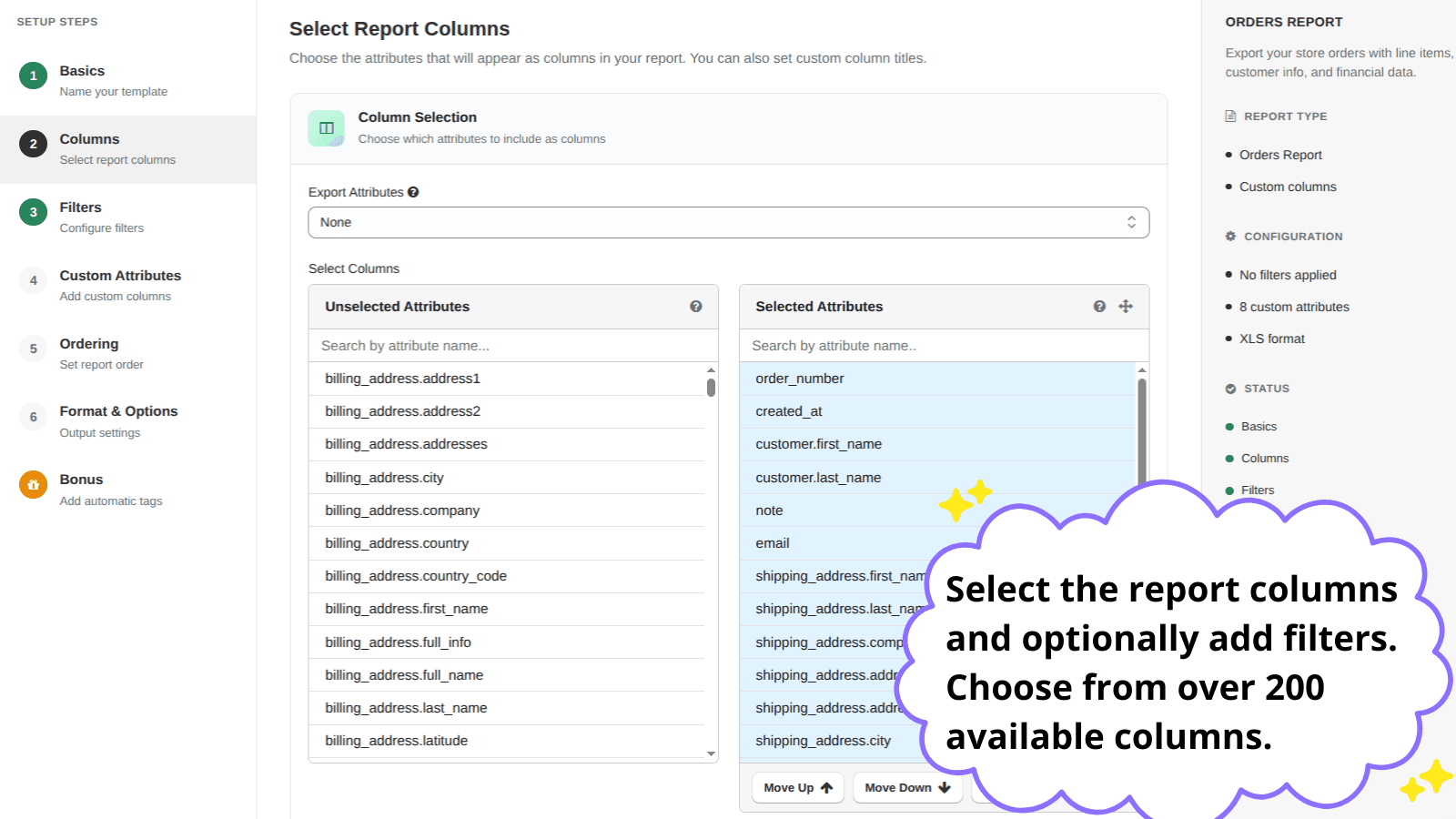 Report columns selection
