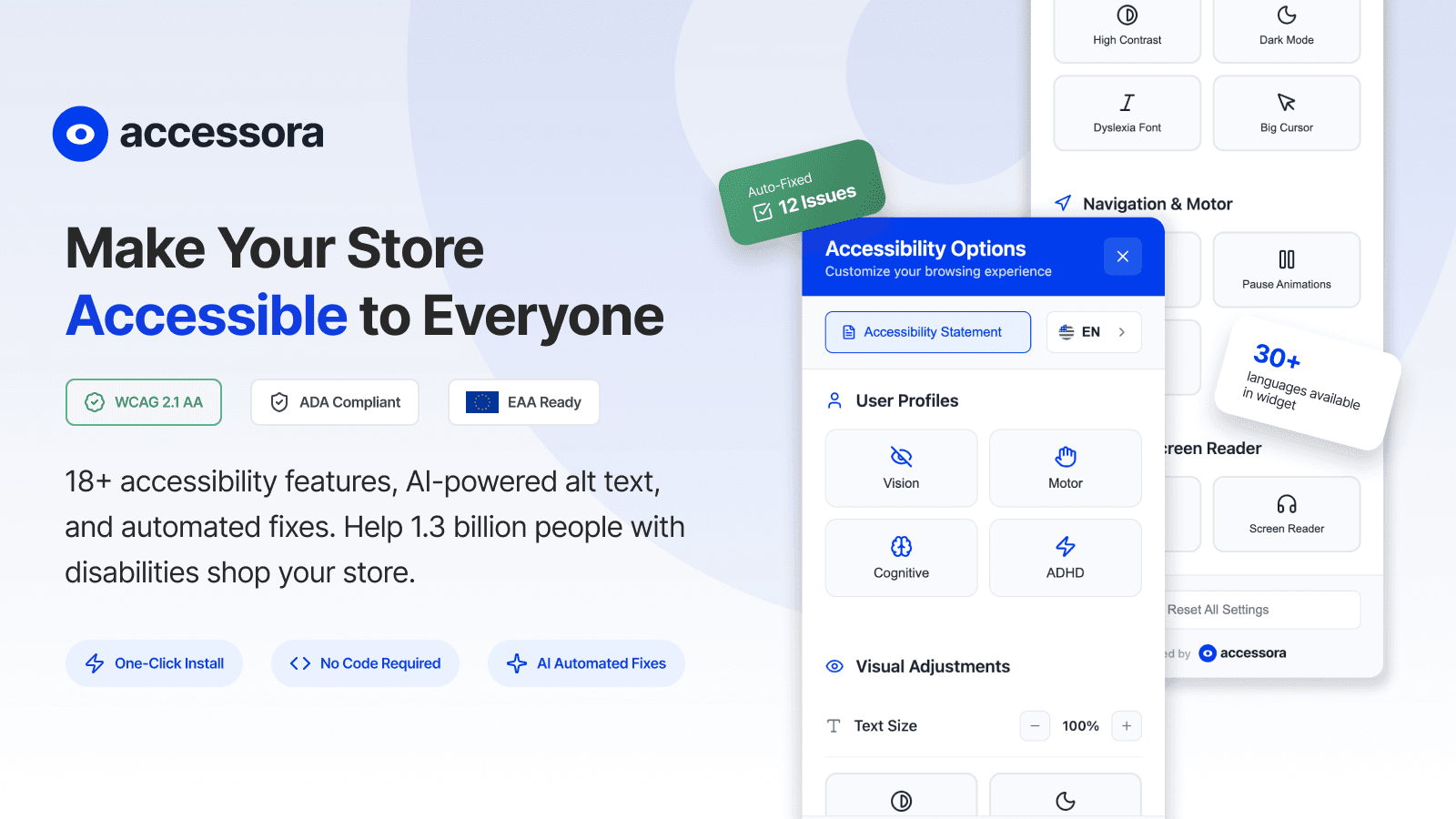 ADA & WCAG accessibility widget with 18+ features for Shopify