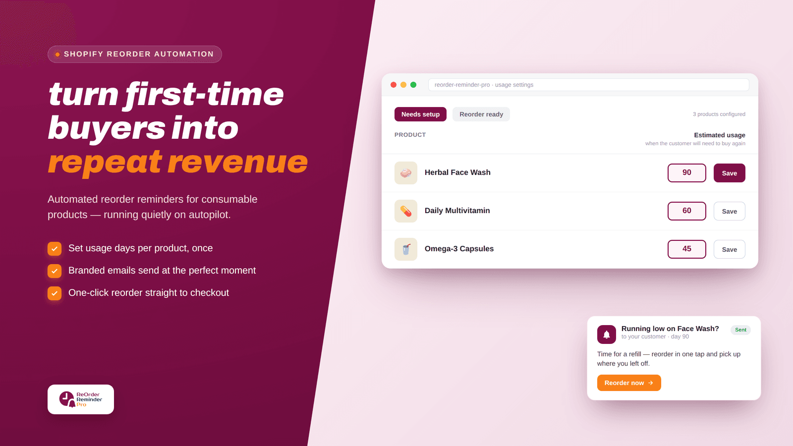 Reorder Reminder Pro dashboard with usage days per product