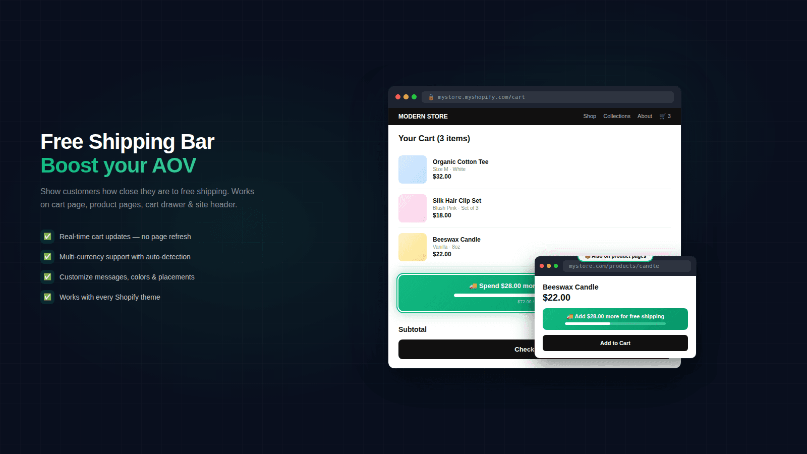 Free shipping progress bar on cart and product pages