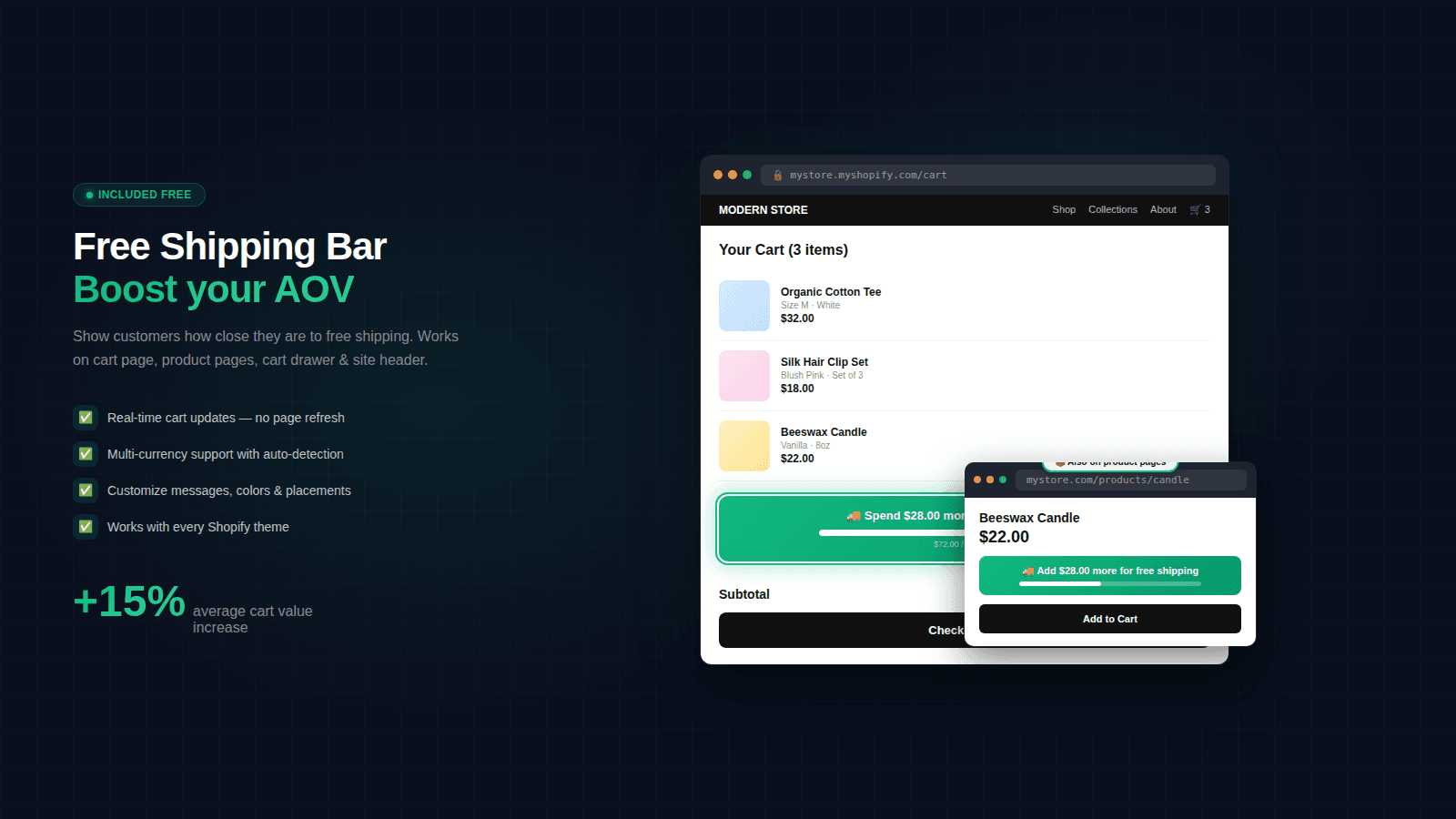 Free shipping progress bar on cart and product pages