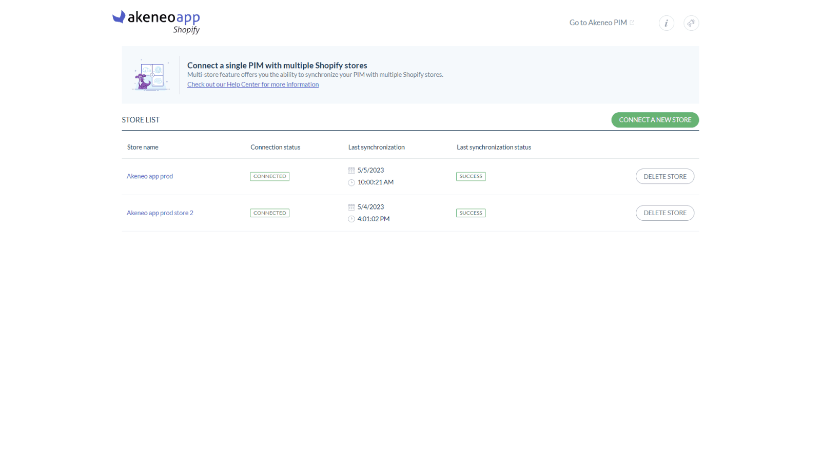 Store list page of the Akeneo App for Shopify